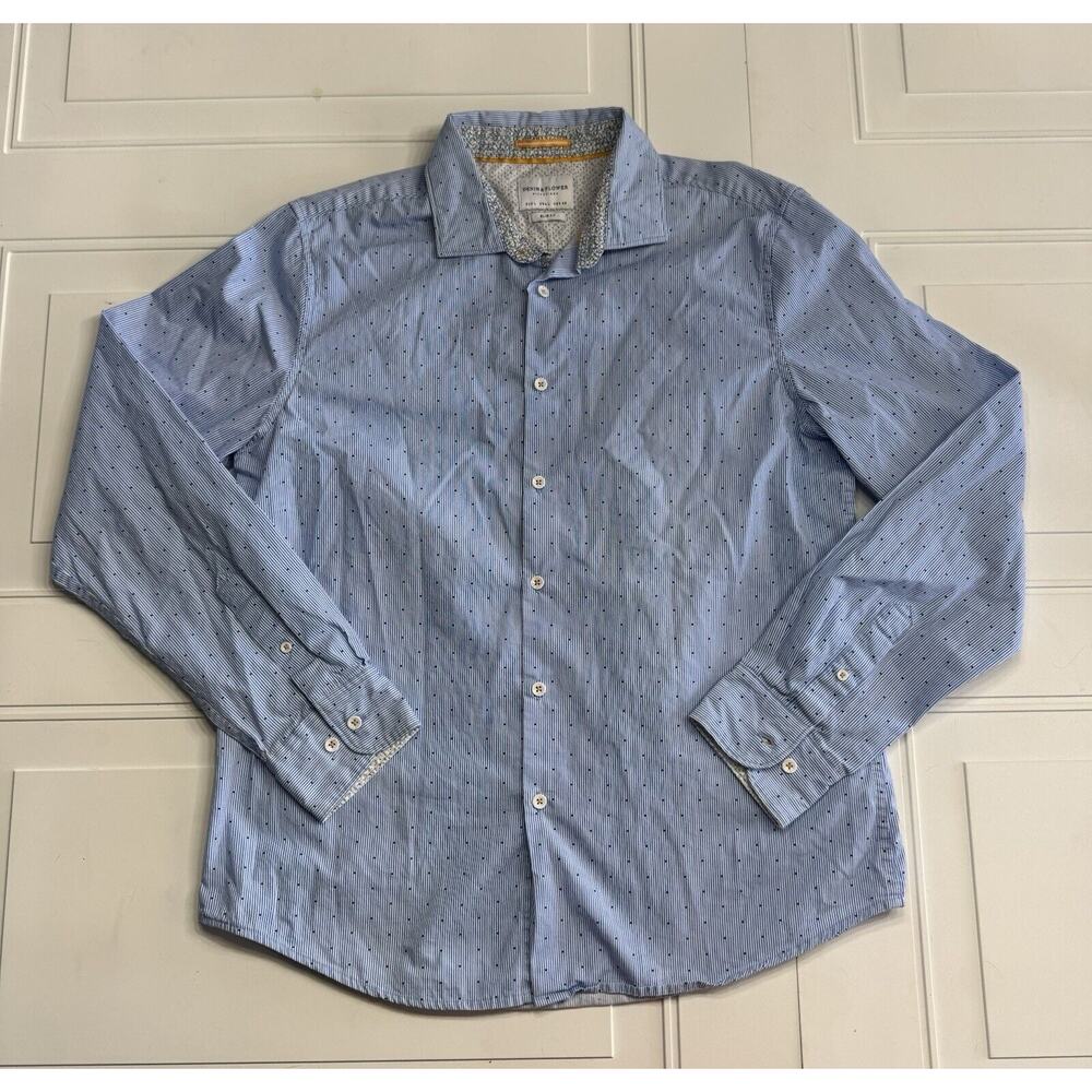 Denim & Flower Shirt Men's Large Slim Fit Button Up Long Sleeve Blue Dots